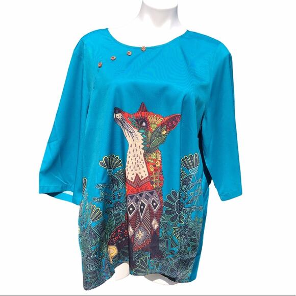 Teal abstract fox design short sleeve blouse tunic - Picture 1 of 8